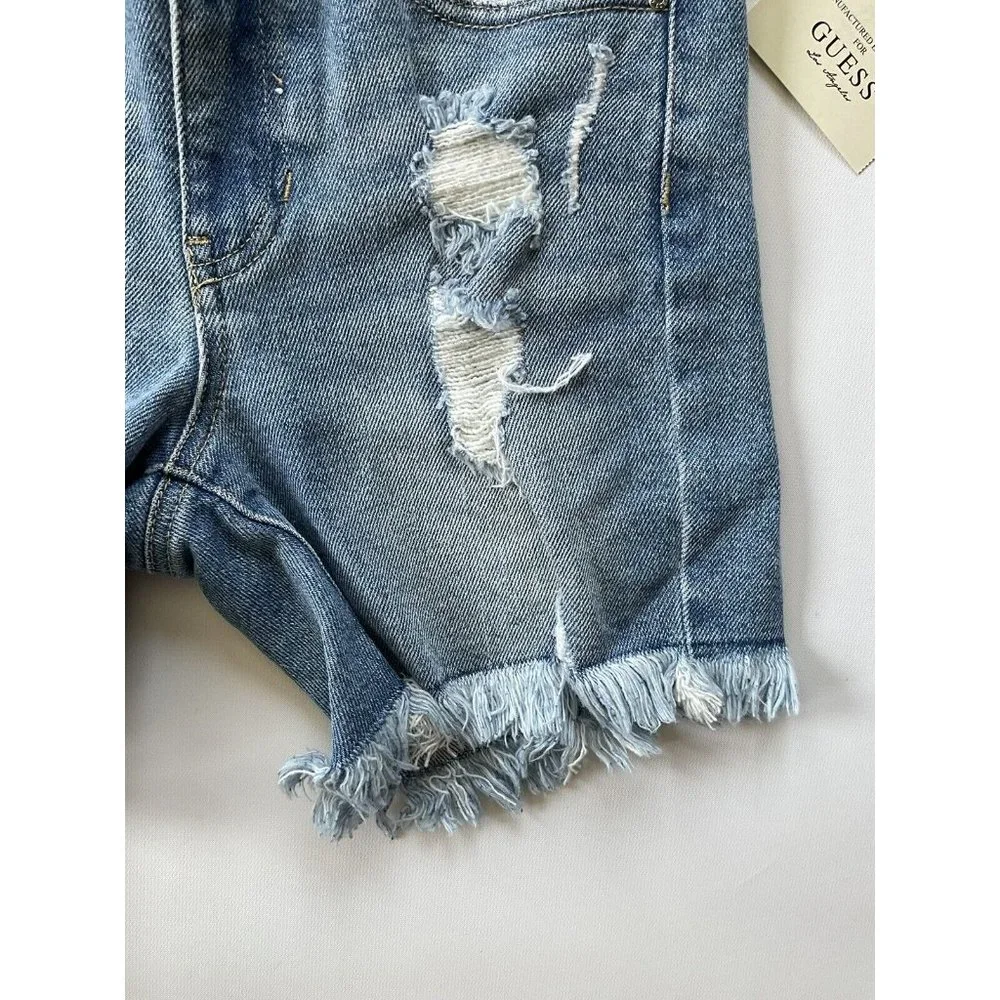 Guess Women’s 1981 Midi Jean Short Light Blue Destroy Denim Size 25